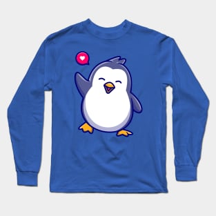 Cute Penguin Waving Hand Cartoon Long Sleeve T-Shirt